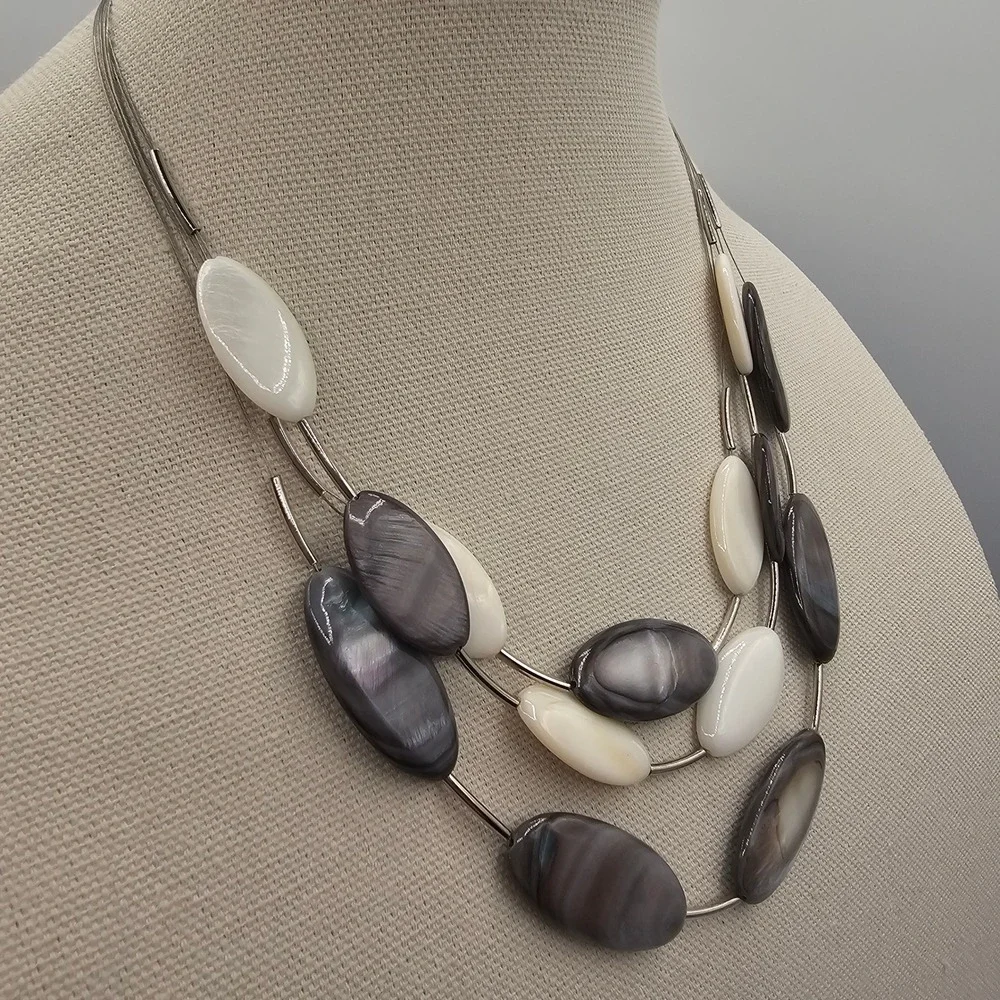 Ali-Khan NY Necklace Multi Strand Grey White MOP Shell Beads Layered 16-19